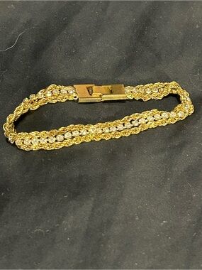 Elegant Vintage Gold-Tone Braided Chain Bracelet with Crystal Row